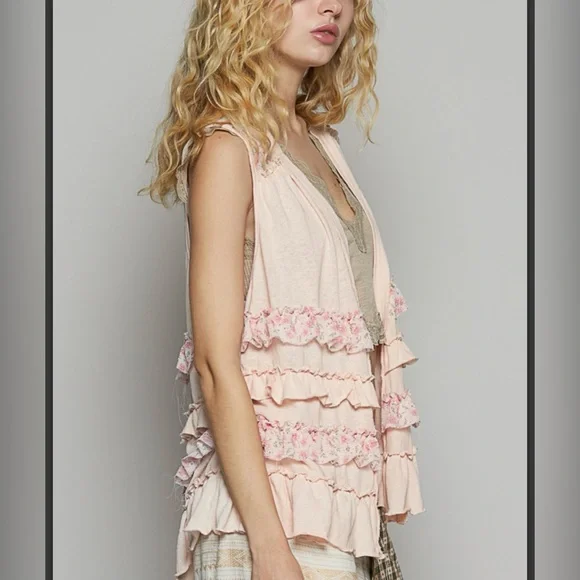 POL NWT Pink Ruffled Sleeveless Cardigan/Vest. Cotton/Poly Blend - Picture 4 of 7